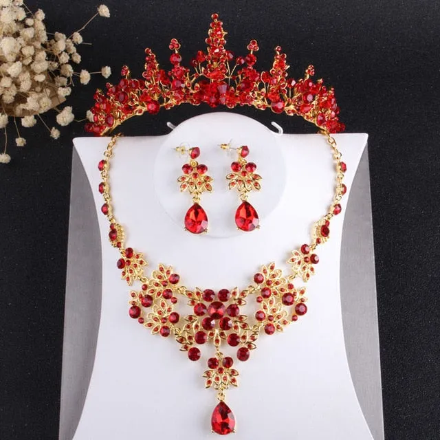 Baroque Vintage Gold, Red Crystal and Rhinestone Tiara, Necklace & Earrings Jewelry Set