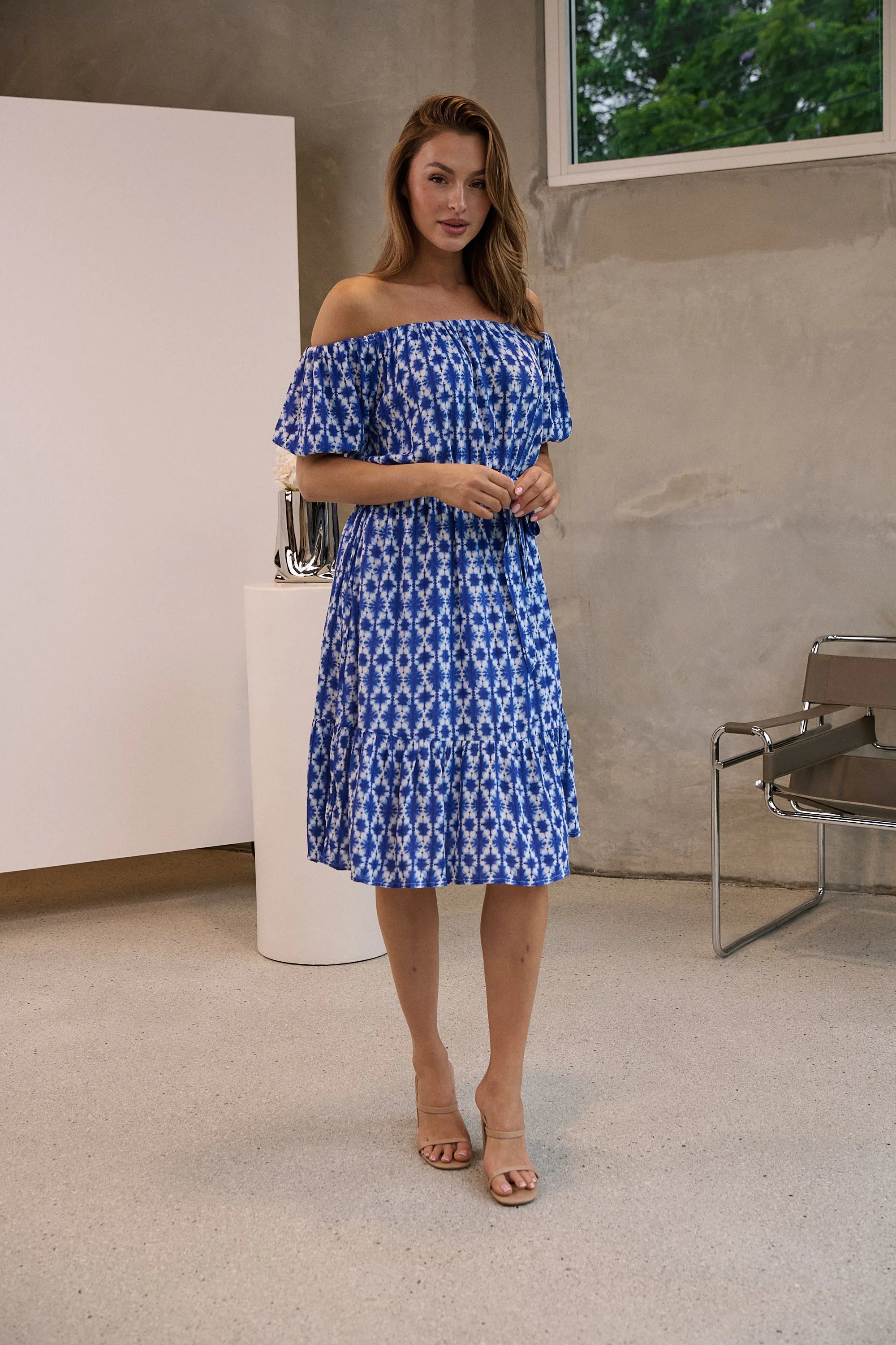 Bastille Blue/White Print Off Shoulder Dress