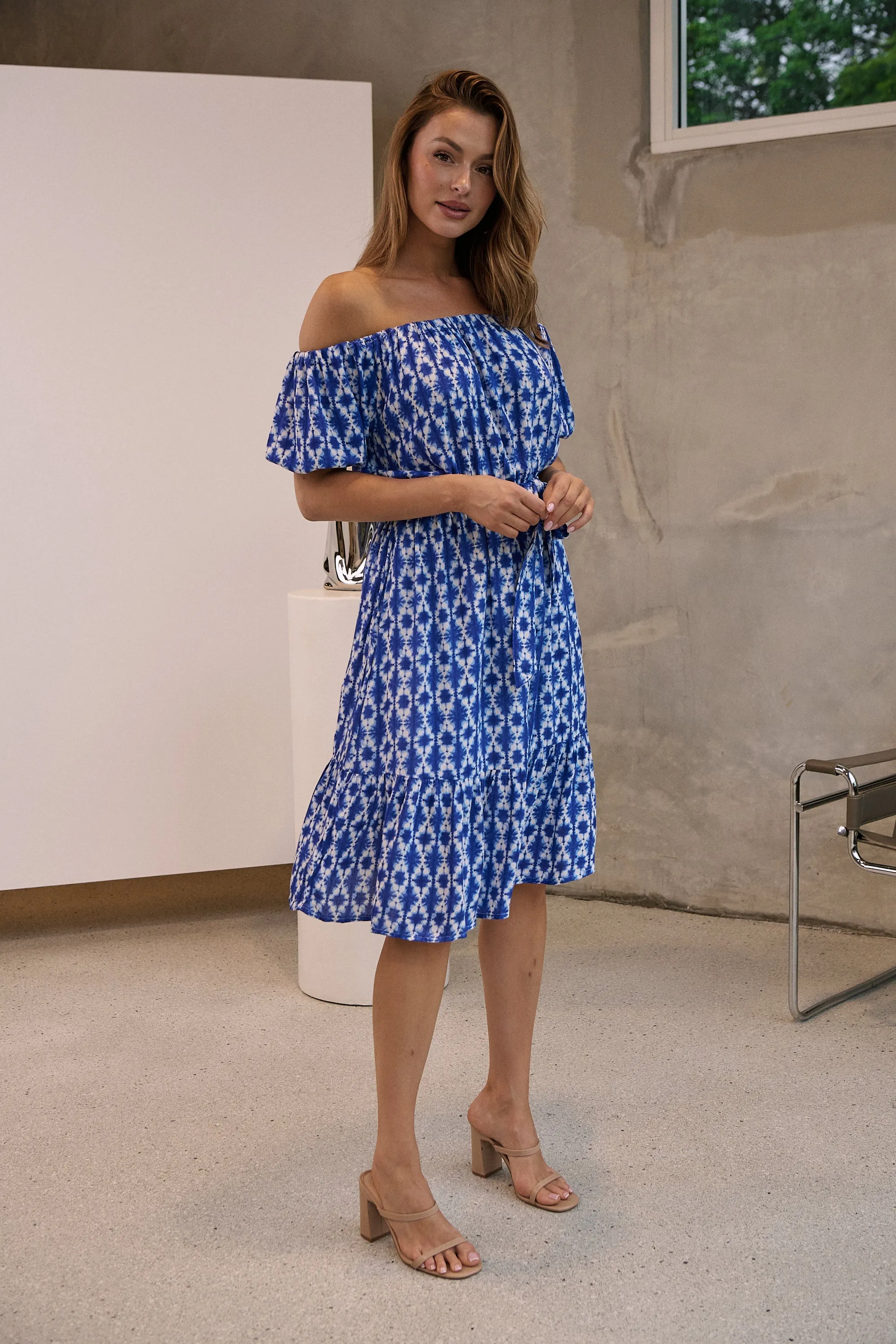 Bastille Blue/White Print Off Shoulder Dress