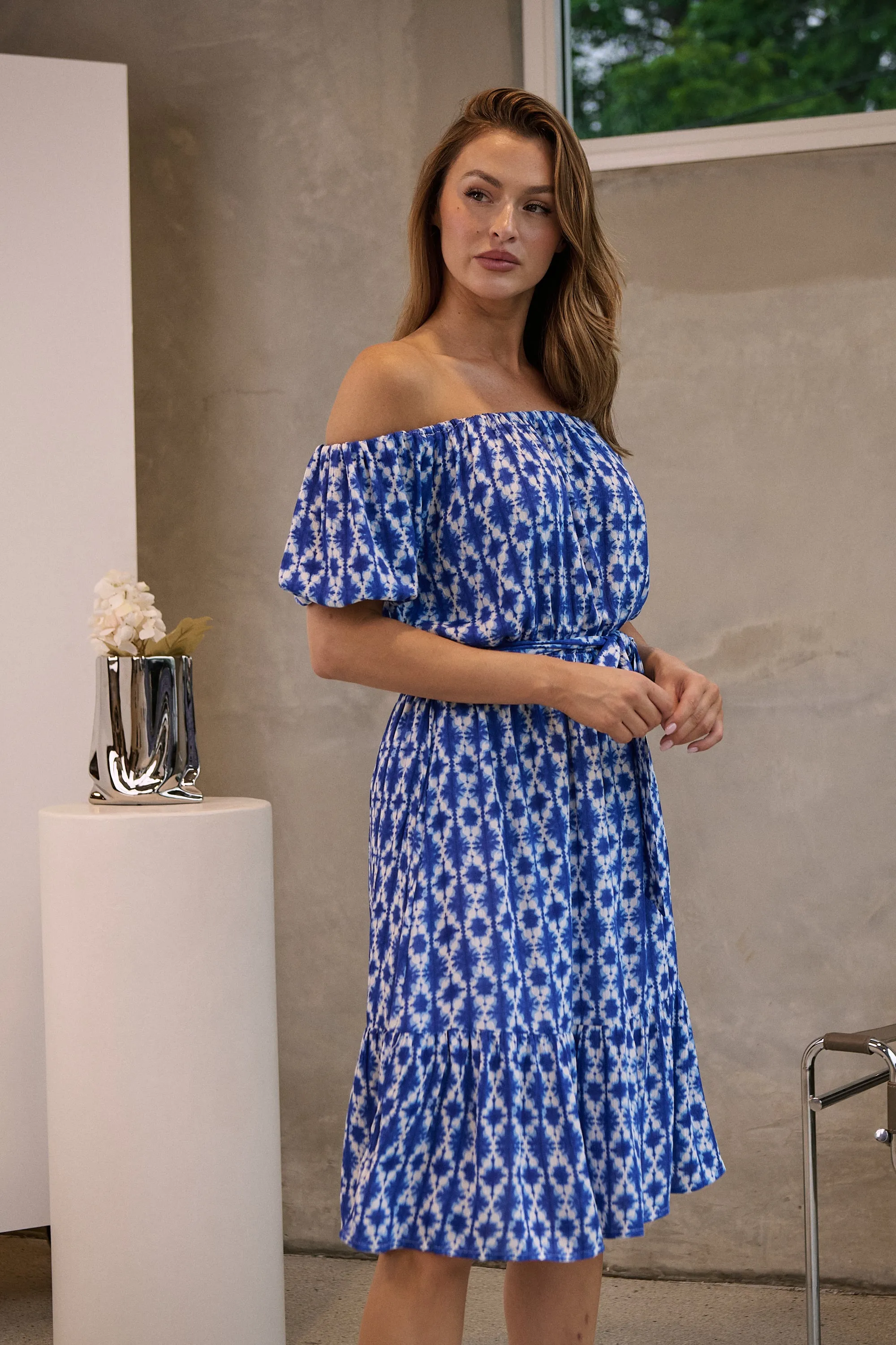 Bastille Blue/White Print Off Shoulder Dress