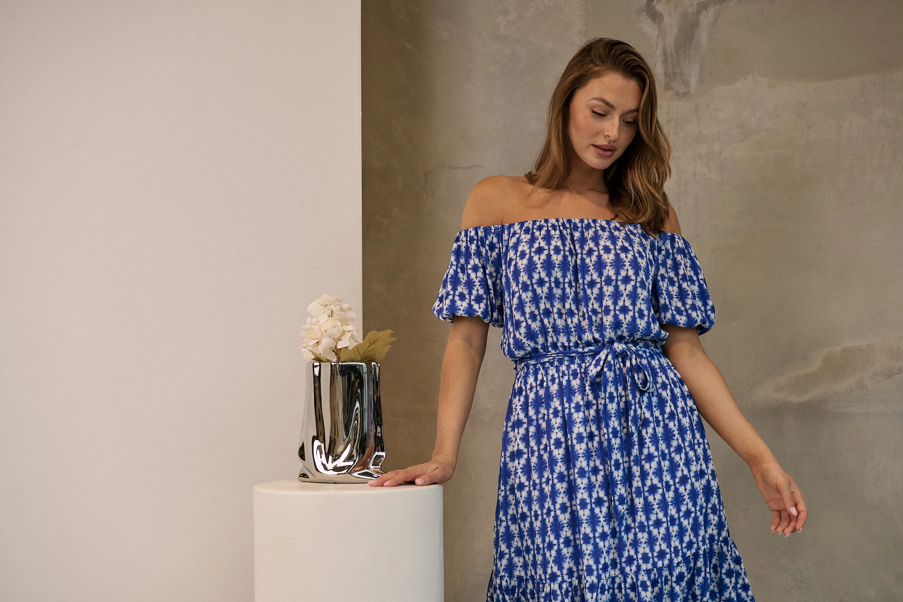 Bastille Blue/White Print Off Shoulder Dress