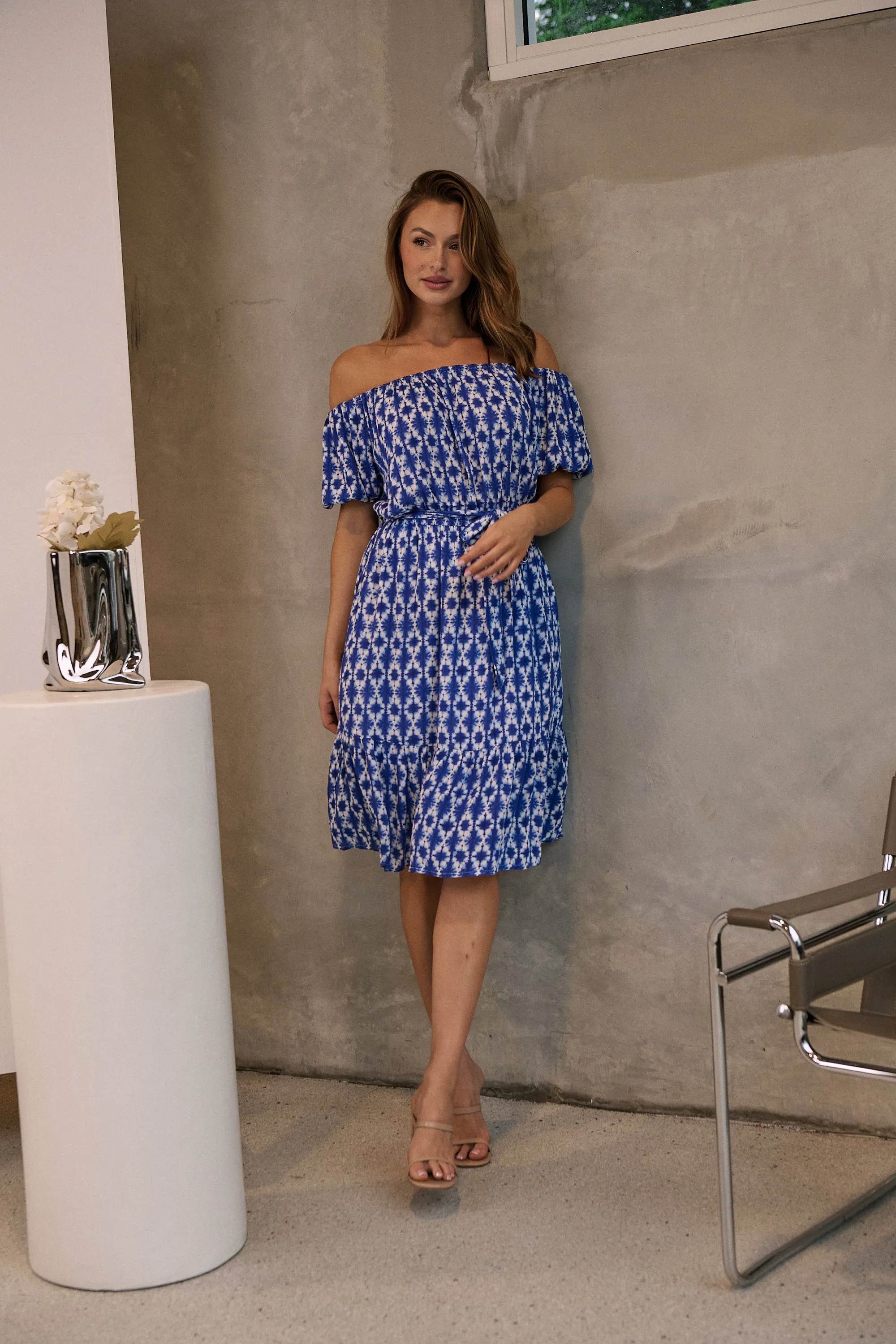 Bastille Blue/White Print Off Shoulder Dress