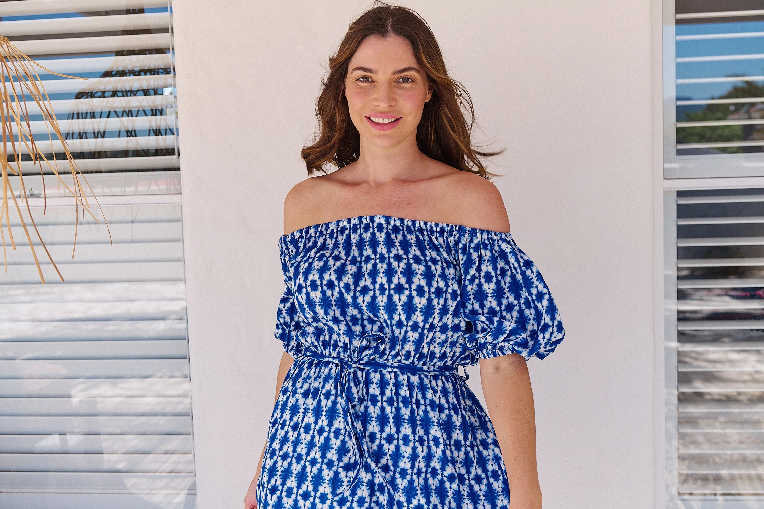 Bastille Blue/White Print Off Shoulder Dress