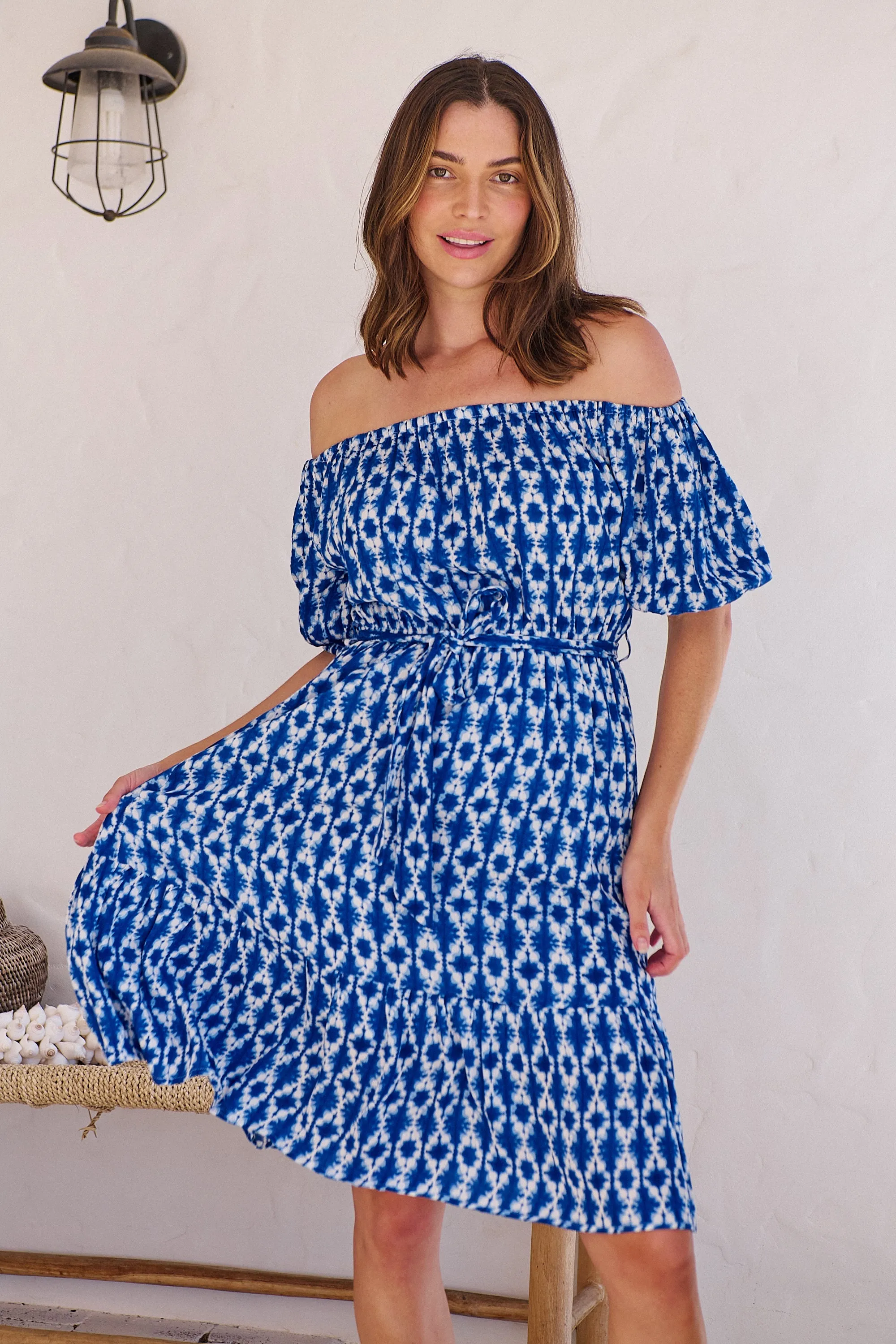 Bastille Blue/White Print Off Shoulder Dress