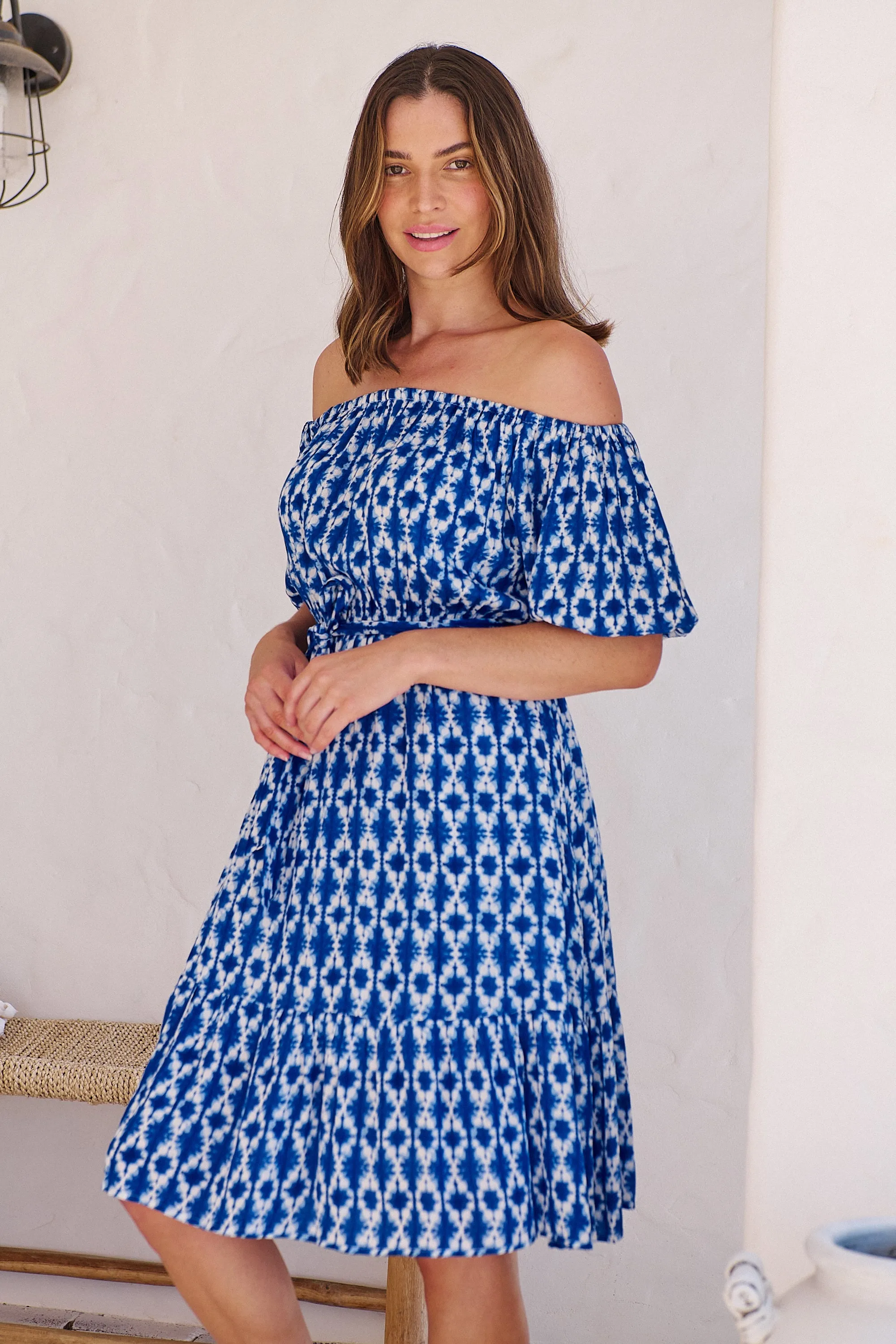 Bastille Blue/White Print Off Shoulder Dress