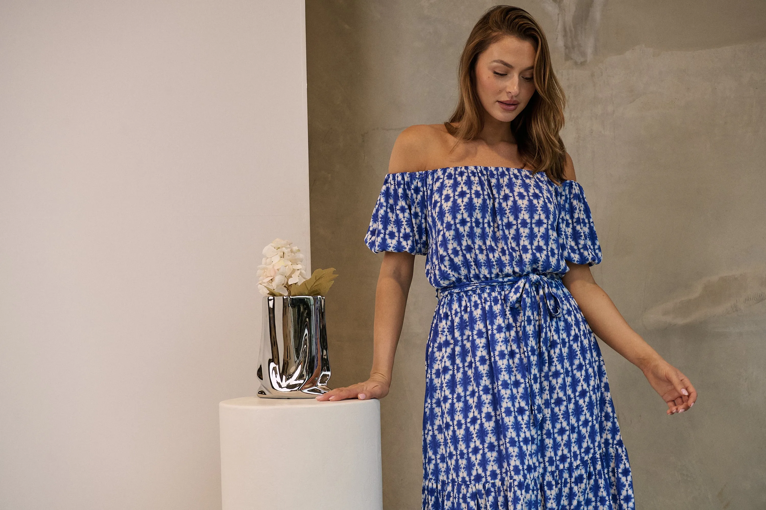 Bastille Blue/White Print Off Shoulder Dress