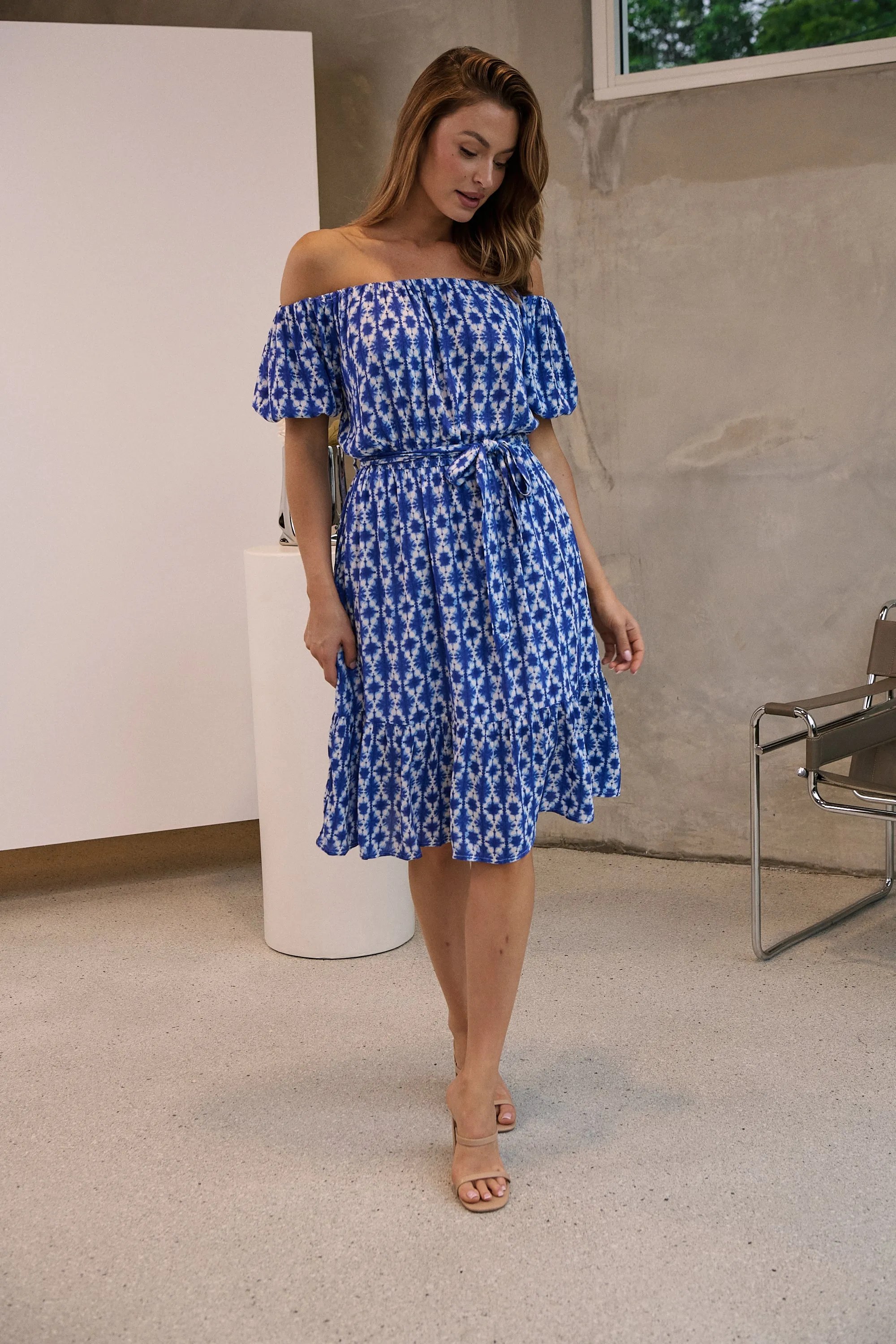 Bastille Blue/White Print Off Shoulder Dress