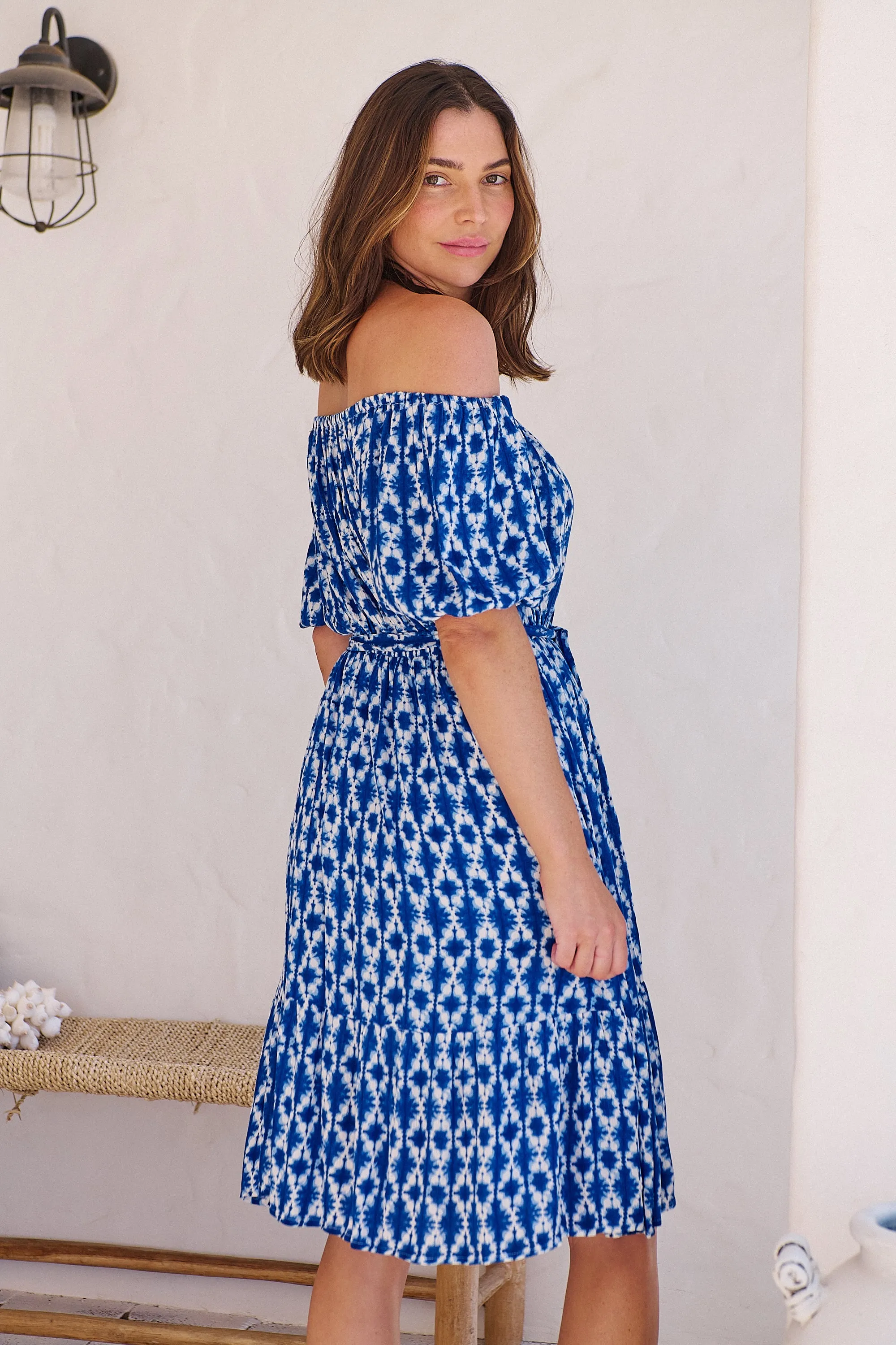 Bastille Blue/White Print Off Shoulder Dress