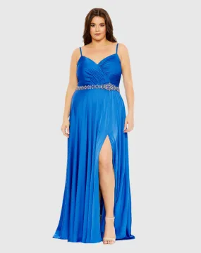 Beaded Belt Faux Wrap A Line Gown (Plus)