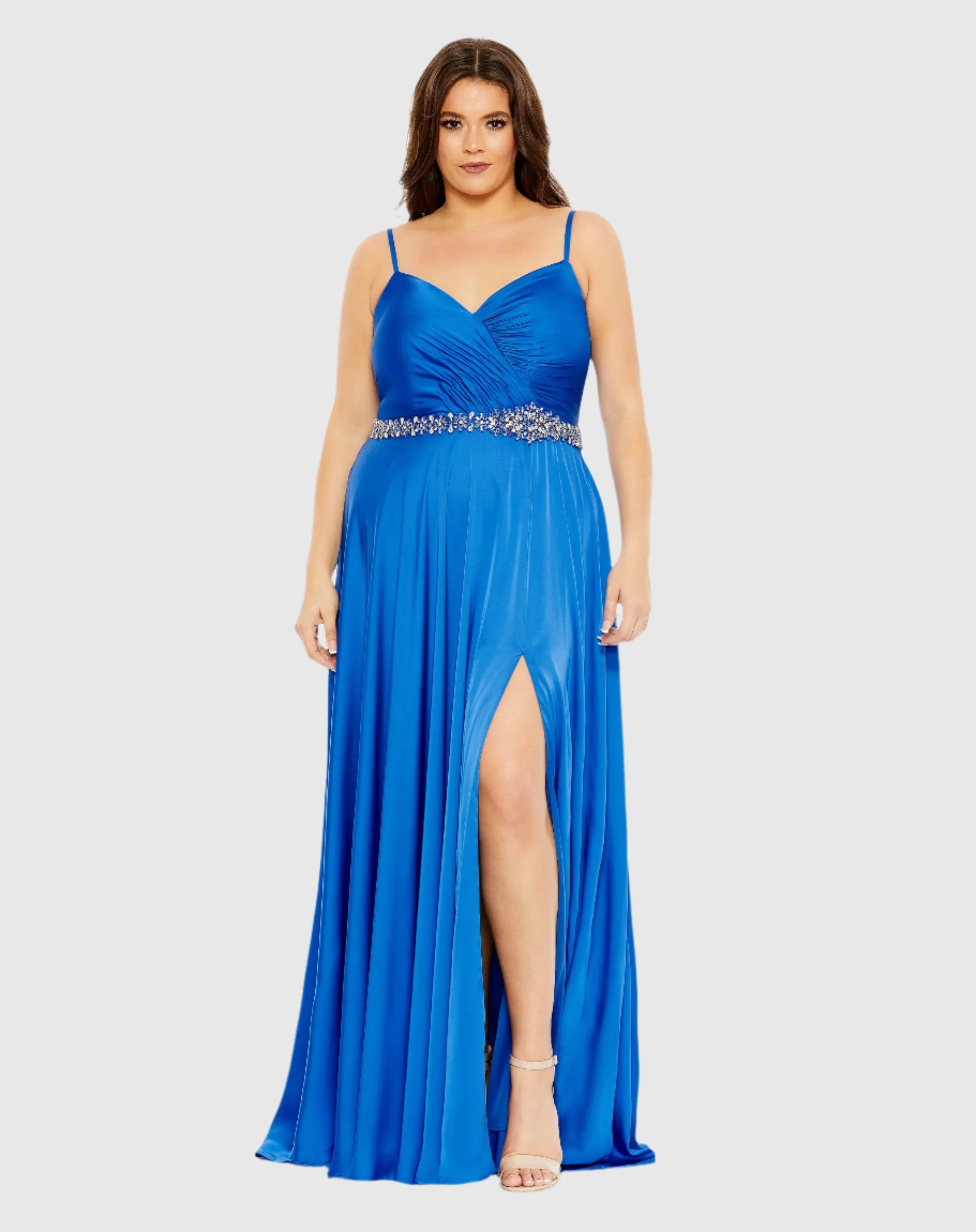 Beaded Belt Faux Wrap A Line Gown (Plus)