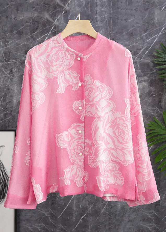 Beautiful Pink O Neck Button Print Silk Shirt Long Sleeve QA1086