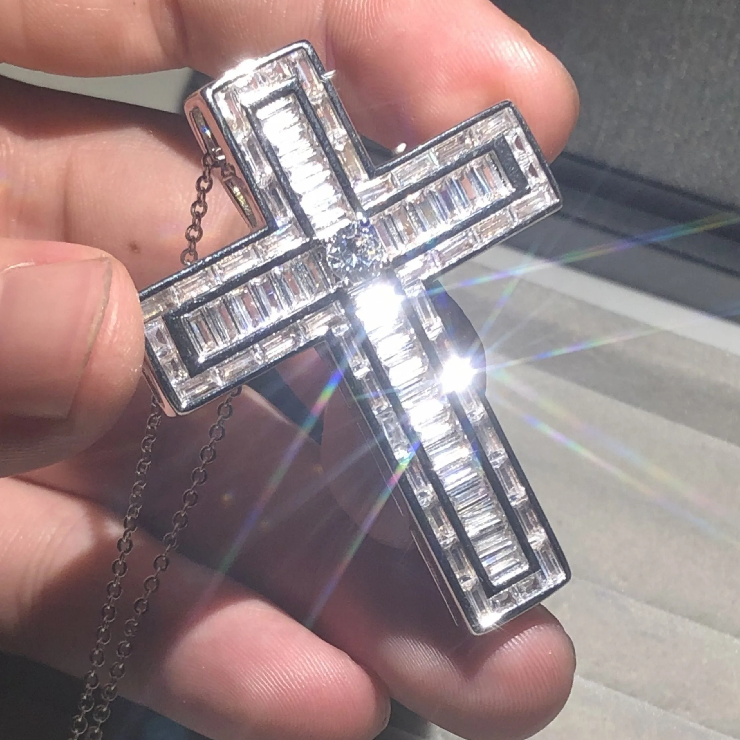 Bejeweled Box Crystal Silver Cross Pendant Necklace