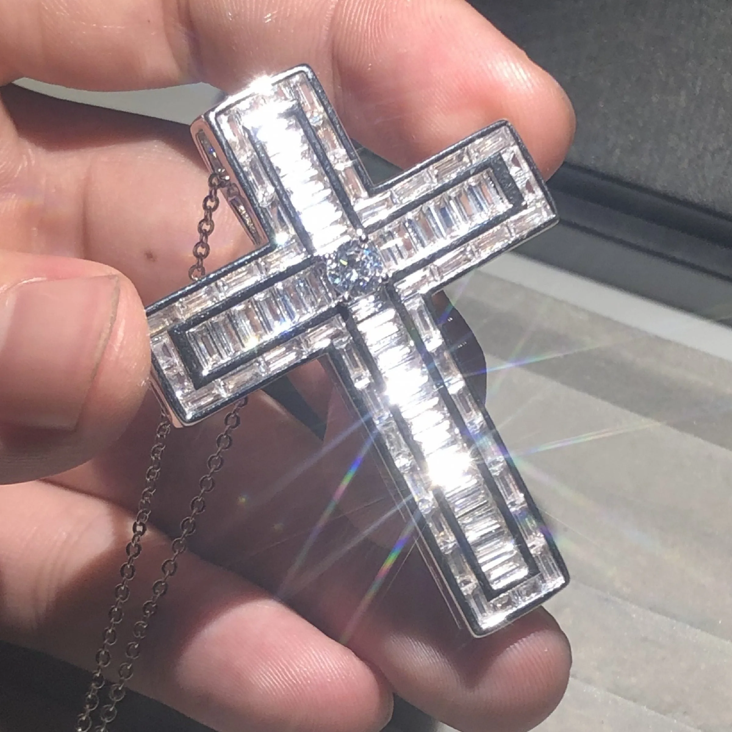 Bejeweled Box Crystal Silver Cross Pendant Necklace