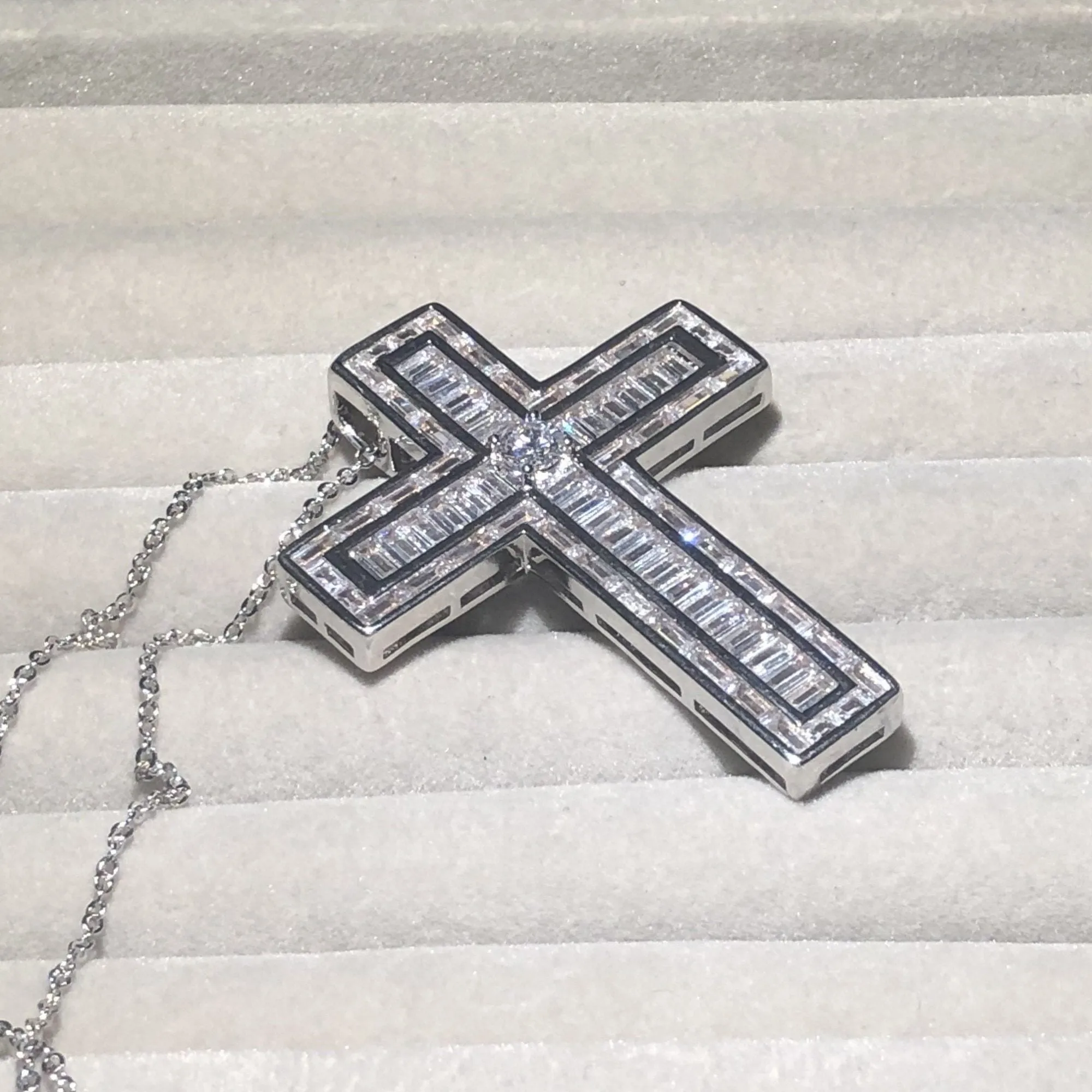 Bejeweled Box Crystal Silver Cross Pendant Necklace