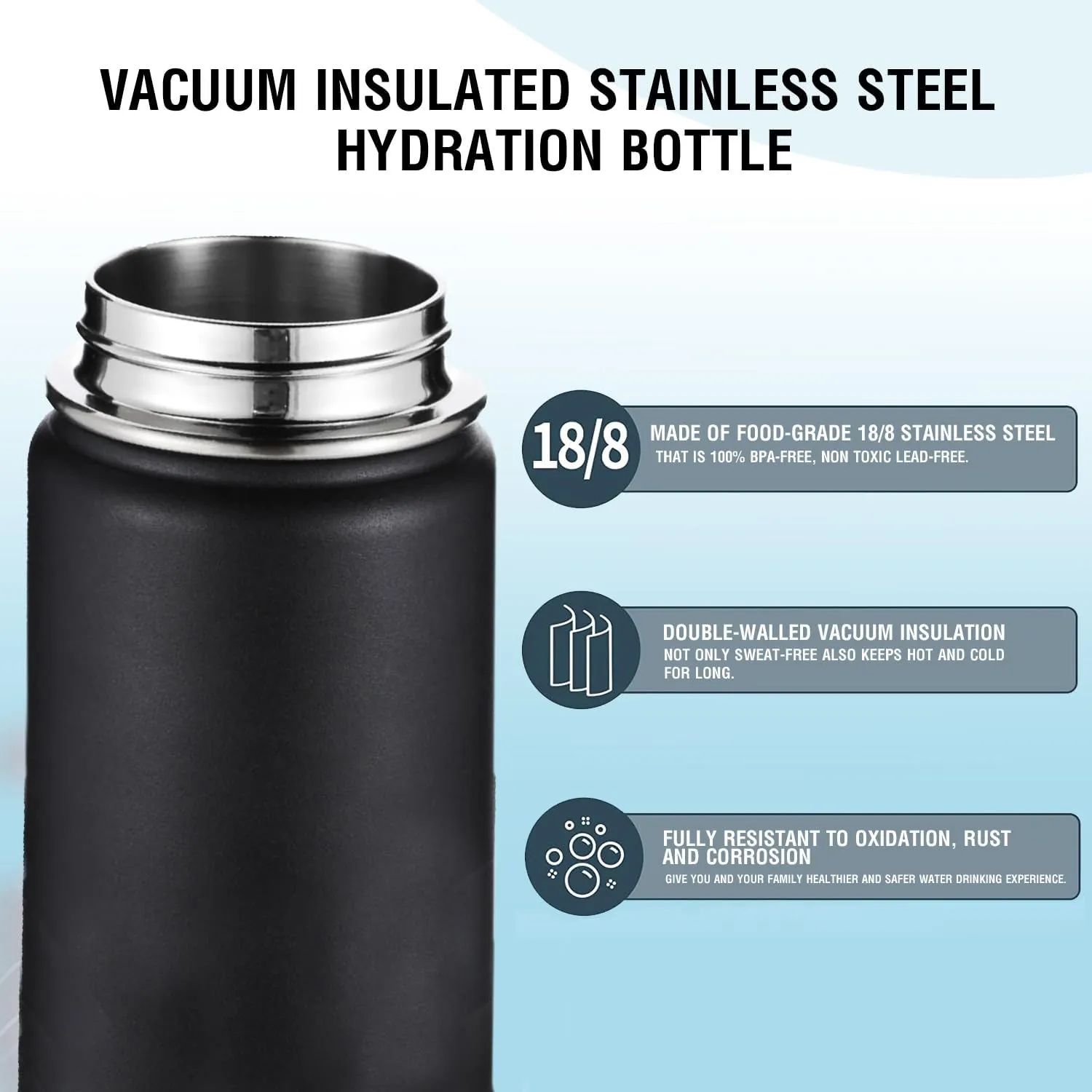 Ben Din 22 oz Insulated Water Bottle with Spout Lid - Stainless Steel Insulated insulated Vacuum Sealed Black Water Bottle - BPA Free & Sweat-Proof Thermos