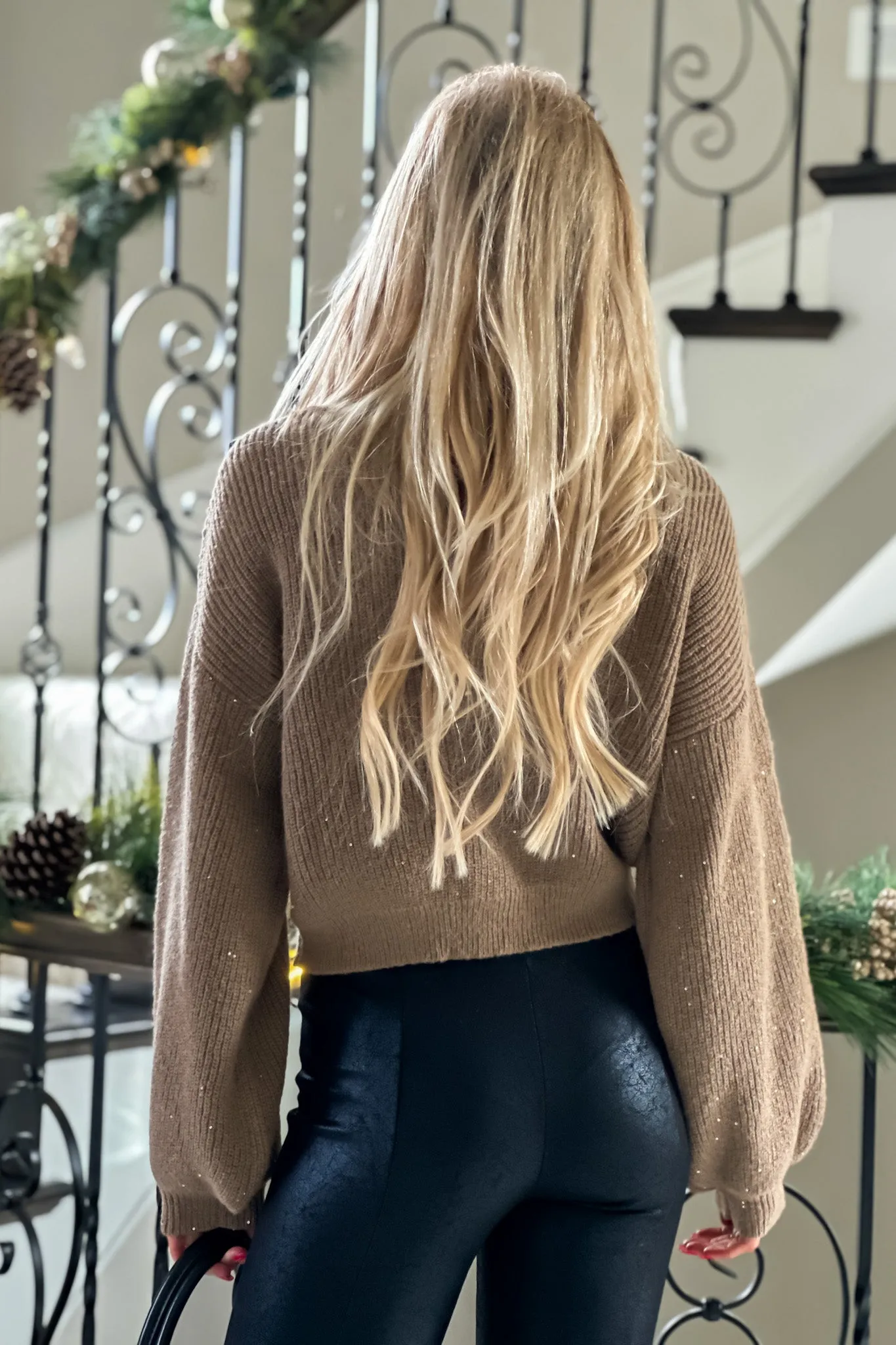 Better Than Before Puff Sleeve Sequin Sweater : Walnut