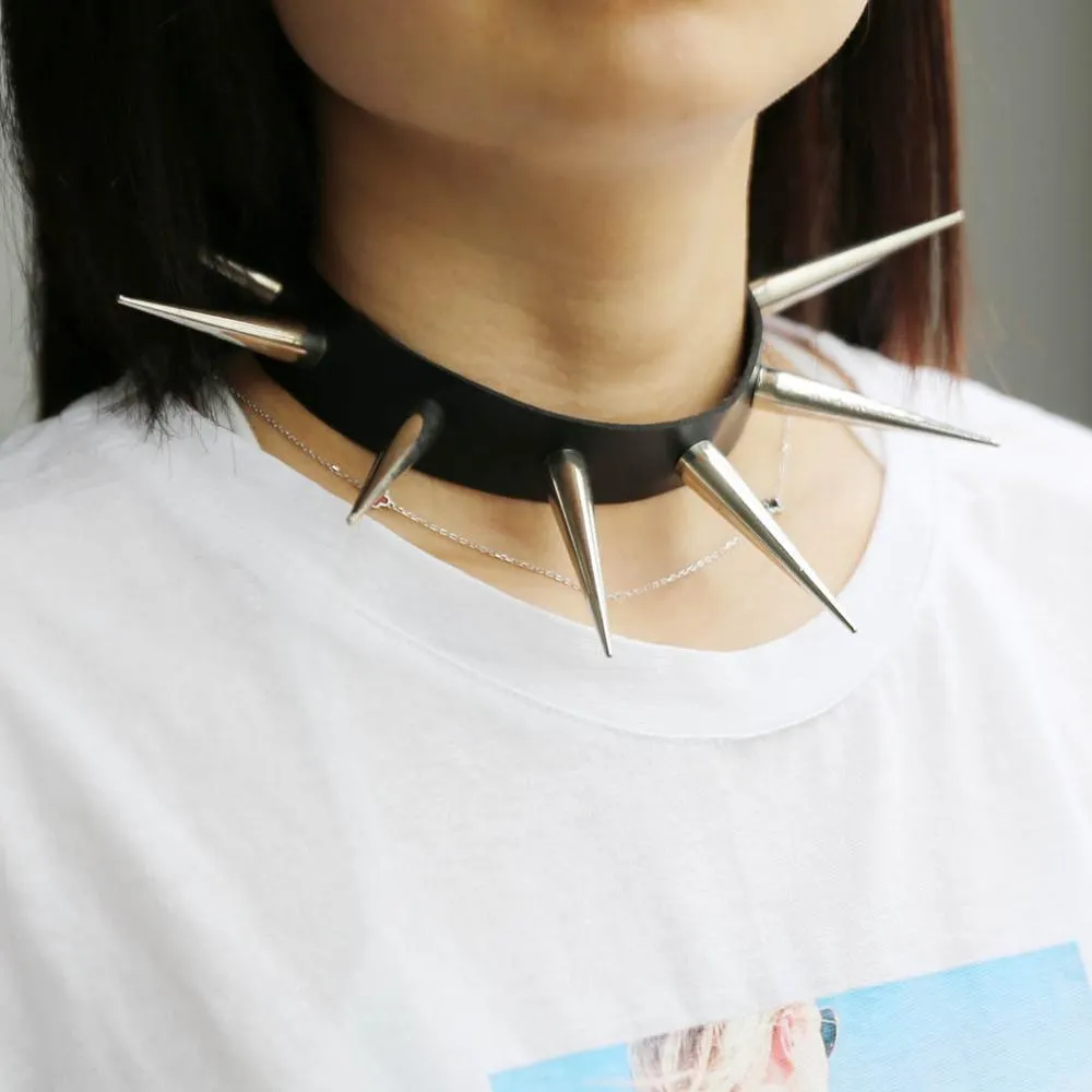 Big Metal Spike Stud Choker Collar PU Leather Gothic Hip-Hop Necklace