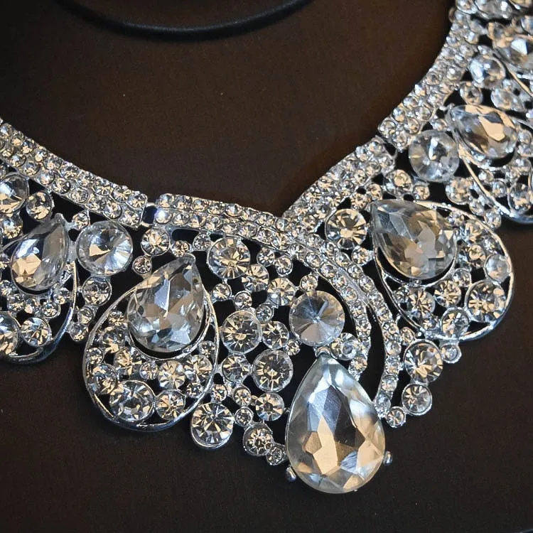 Big Rhinestone and Silver-Plated Crystal Tiara, Necklace & Earrings Wedding Jewelry Set