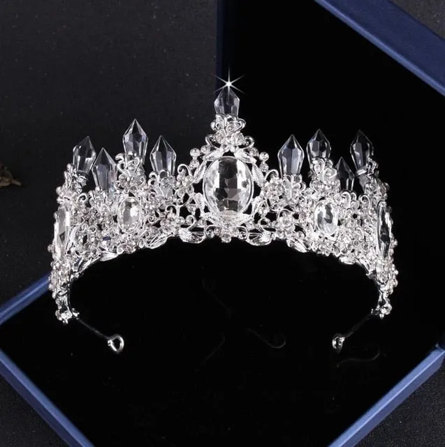 Big Rhinestone and Silver-Plated Crystal Tiara, Necklace & Earrings Wedding Jewelry Set