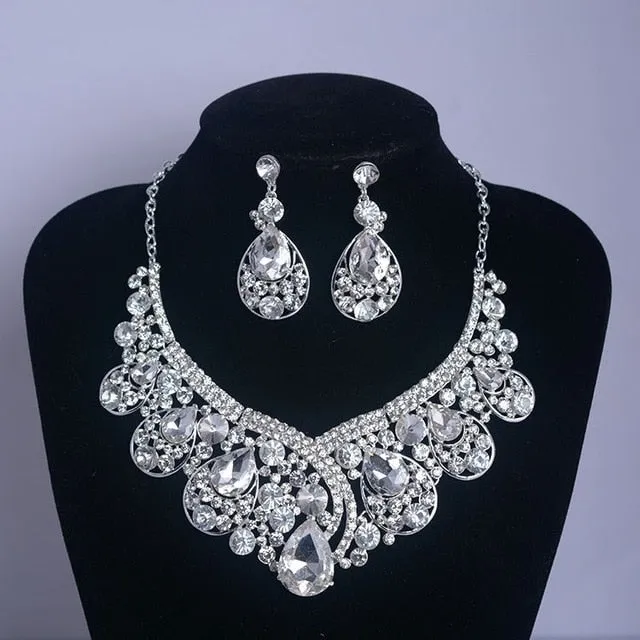 Big Rhinestone and Silver-Plated Crystal Tiara, Necklace & Earrings Wedding Jewelry Set