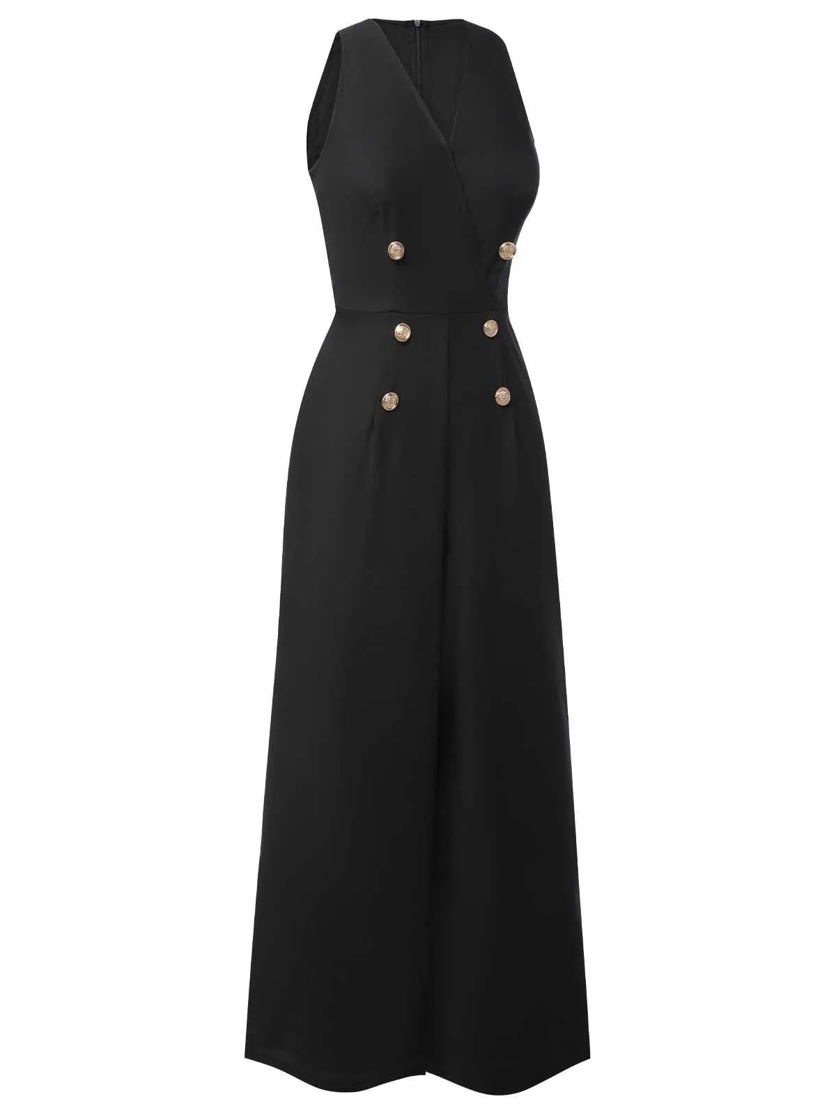 Black 1950s Sleeveless Buttoned Solid Jumpsuit