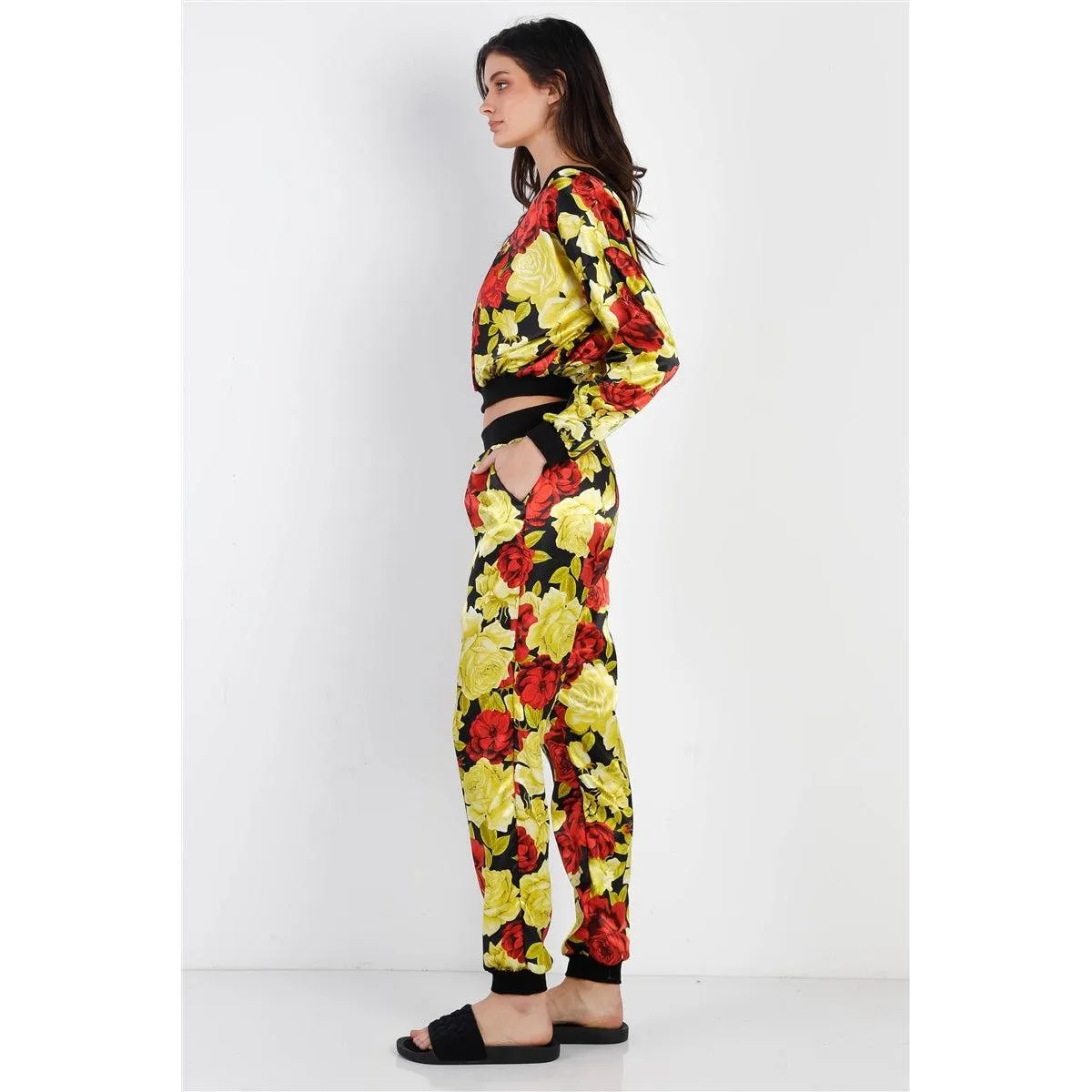 Black & Satin Effect Red & Lime Floral Print V-neck Top & Pants Set