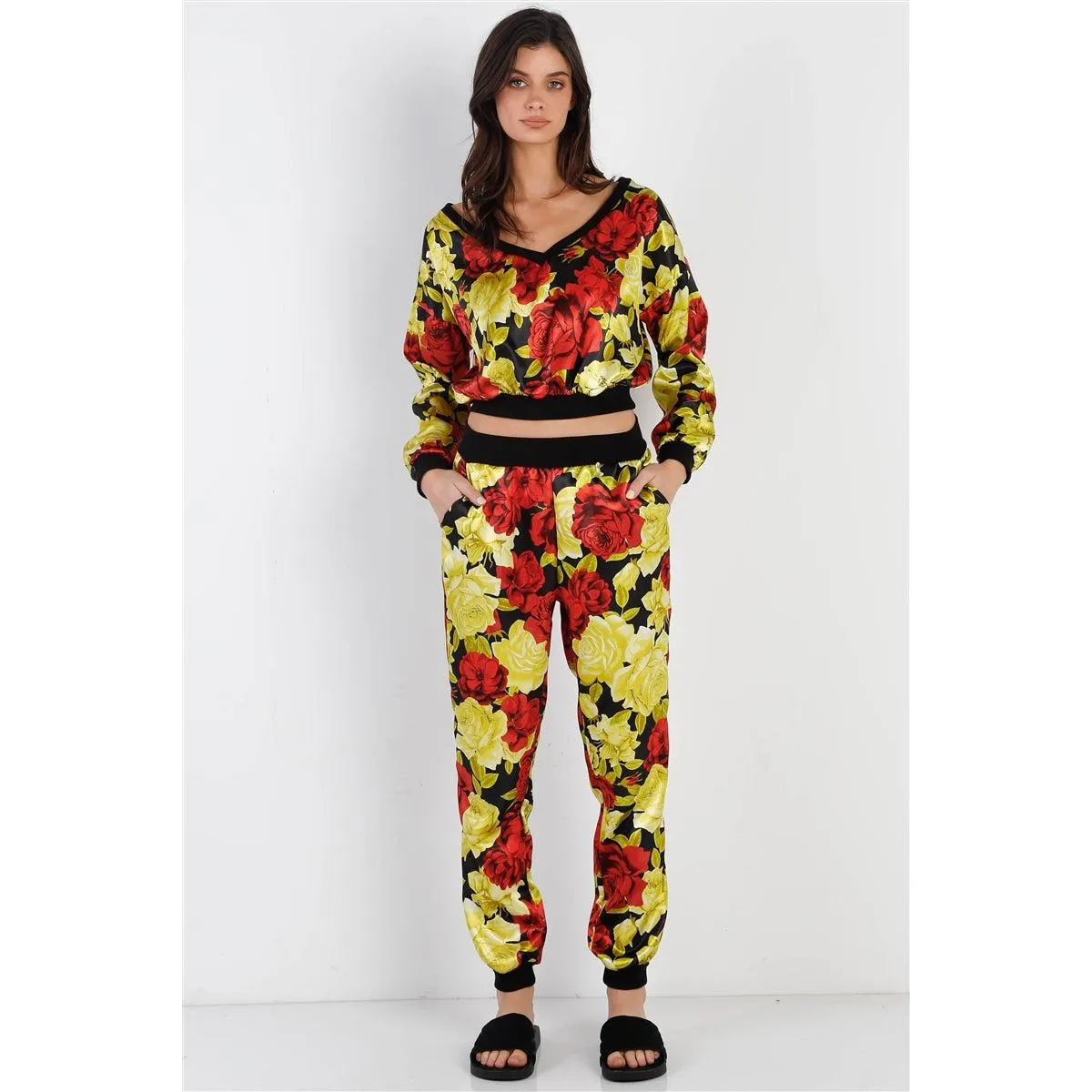 Black & Satin Effect Red & Lime Floral Print V-neck Top & Pants Set