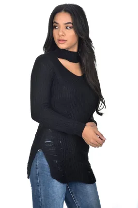 Black Choker Ladder Cable Knit Jumper