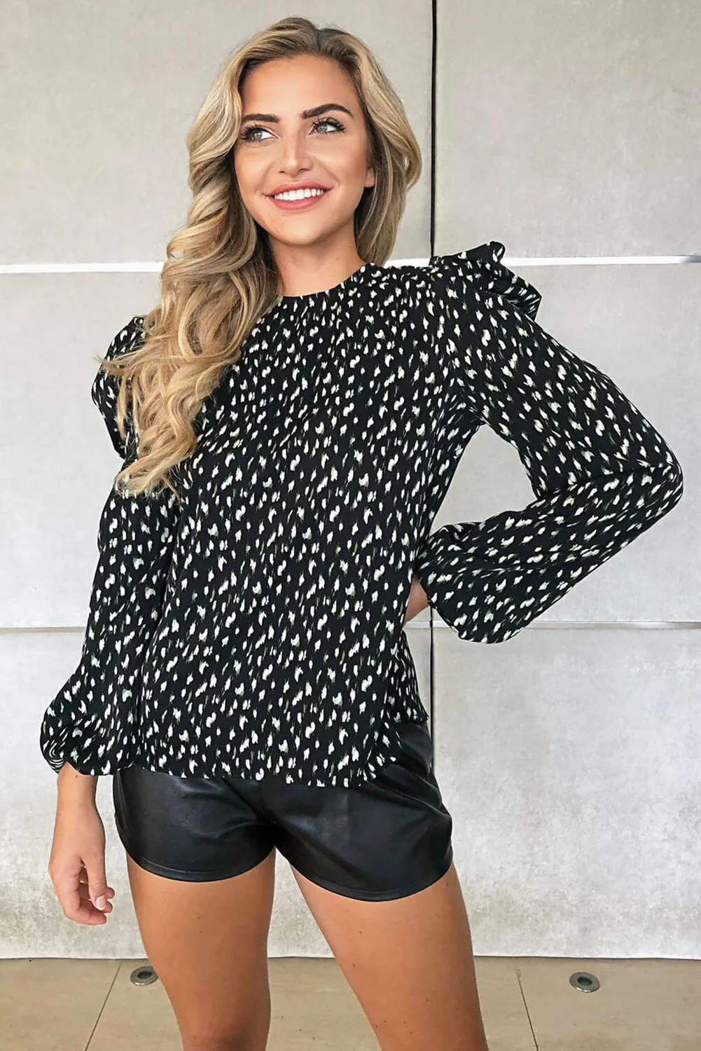 Black Floral Abstract Frill Top