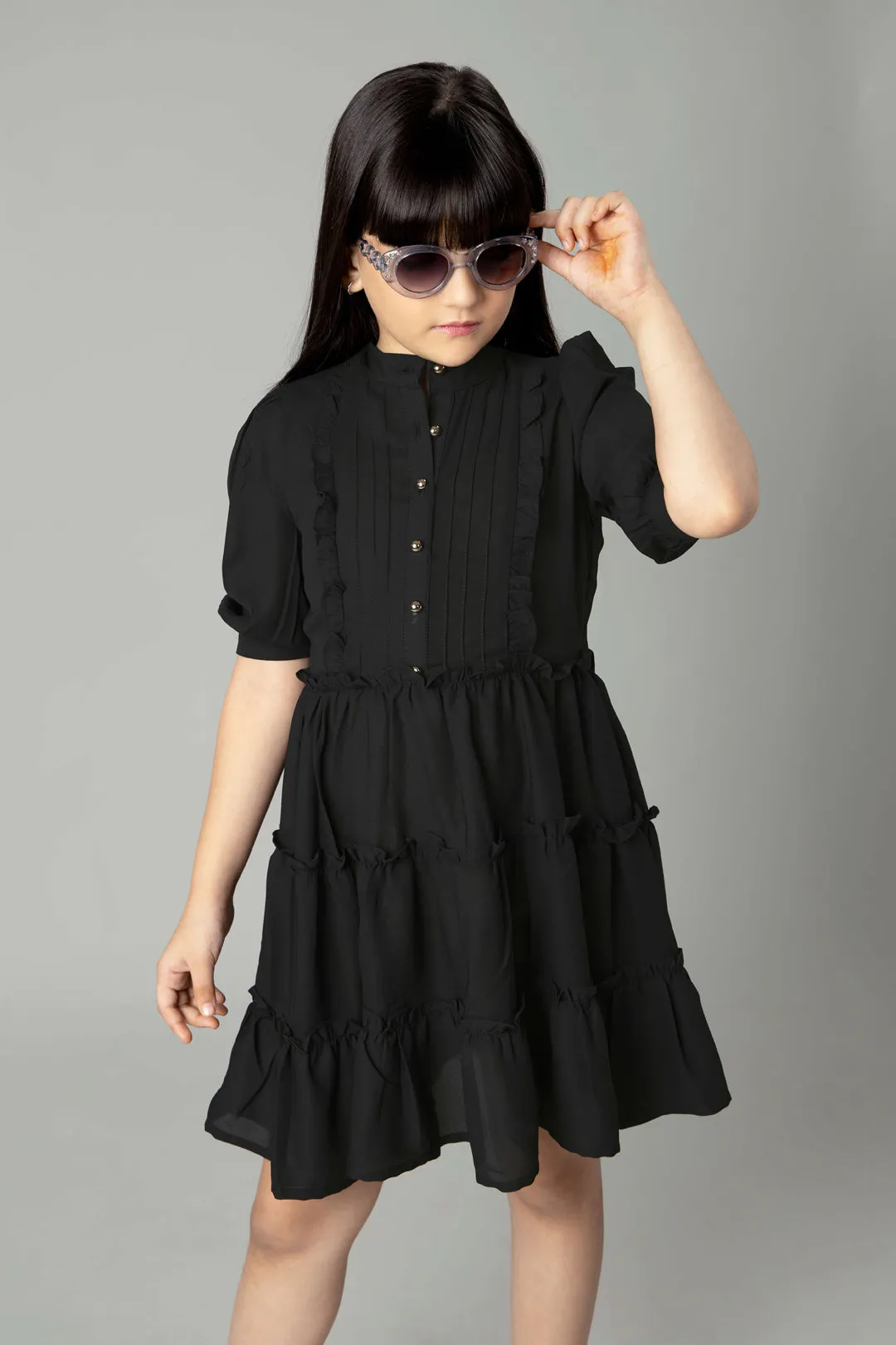 Black Puff Sleeve Ruffle Shirt Dress For Girls