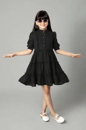 Black Puff Sleeve Ruffle Shirt Dress For Girls