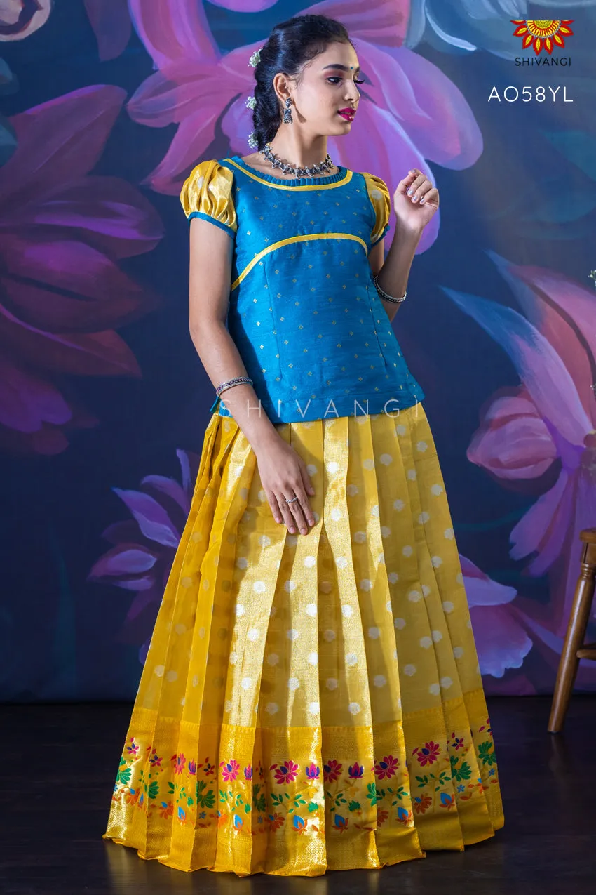 Brahmakamalam Pattu Pavadai For Kids with Puff Sleeve in Blue