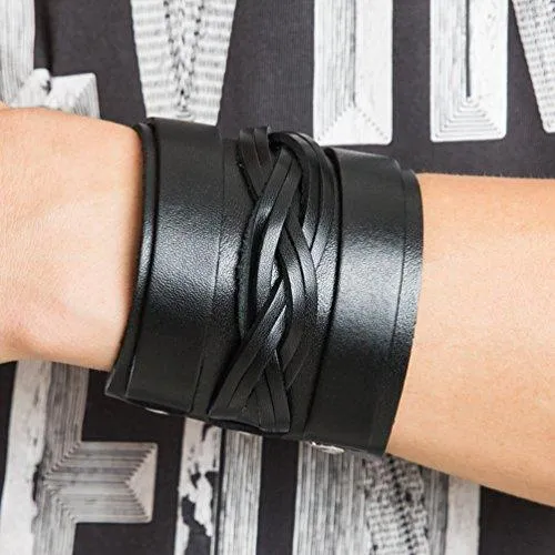 Braided Mens Wide Black Leather Bracelet Wristband Bangle with Snap Buttons