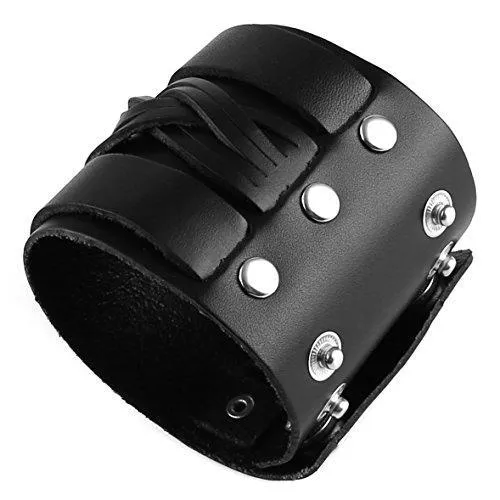 Braided Mens Wide Black Leather Bracelet Wristband Bangle with Snap Buttons