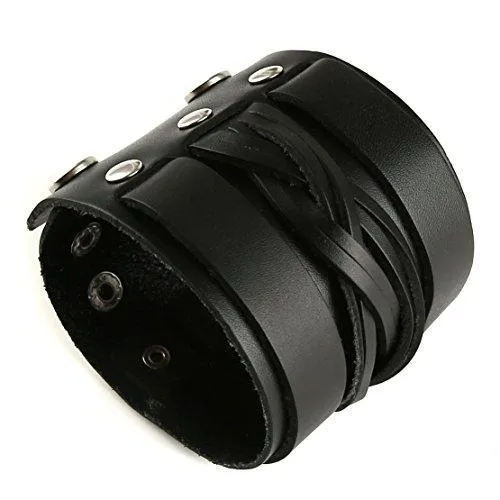 Braided Mens Wide Black Leather Bracelet Wristband Bangle with Snap Buttons