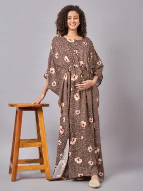 Brown color Floral Printed Maternity & Nursing Long Kaftan Dress