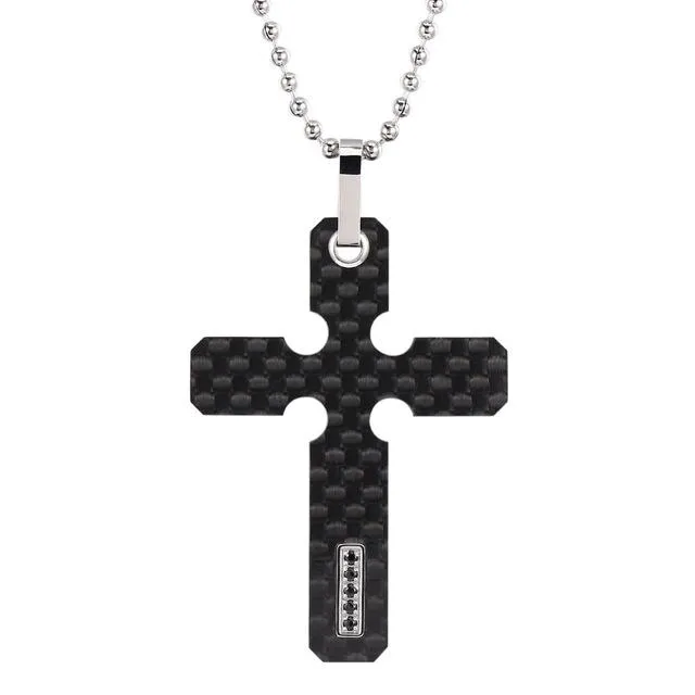 Carbon Fiber Cross Pendant Necklace with Zirconia Crystal Inlay