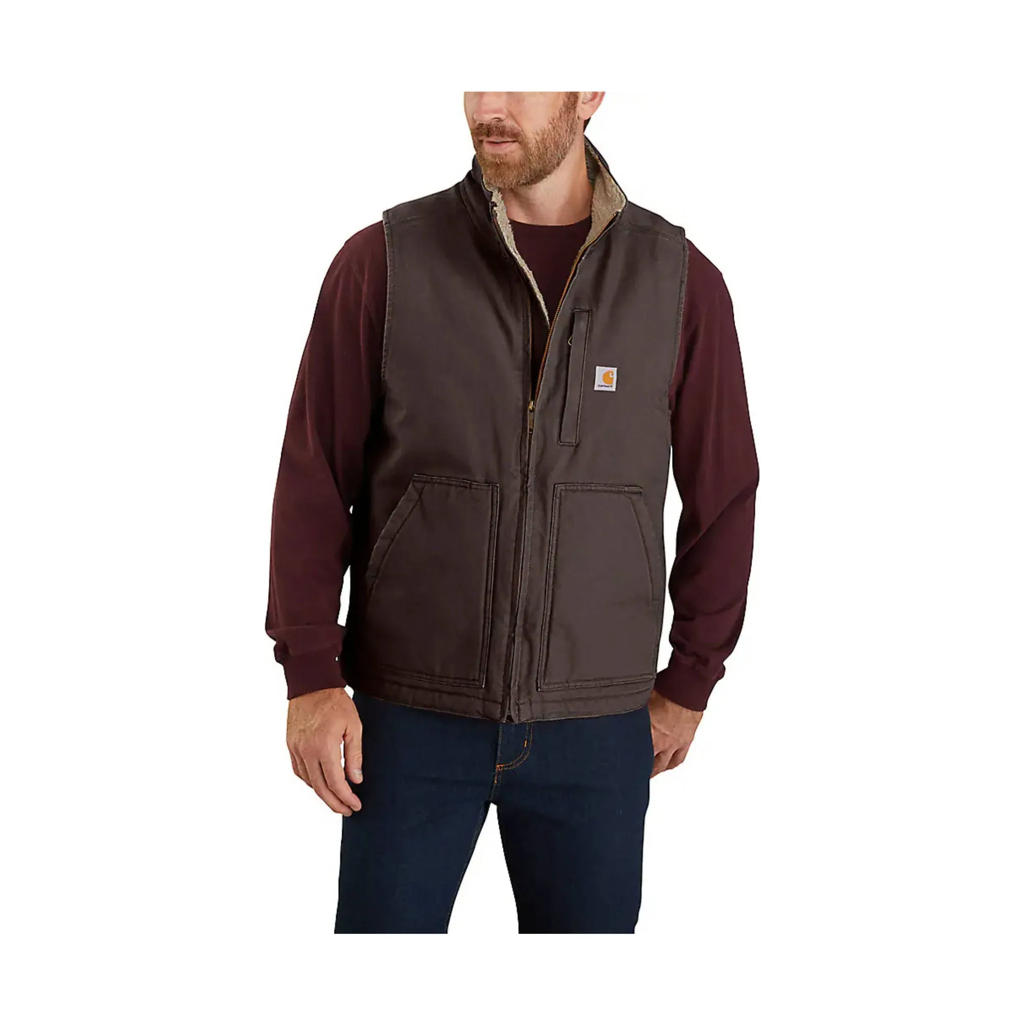 Carhartt Men's Mock Neck Sherpa Lined Loose Fit Washed Duck Vest - Dark Brown