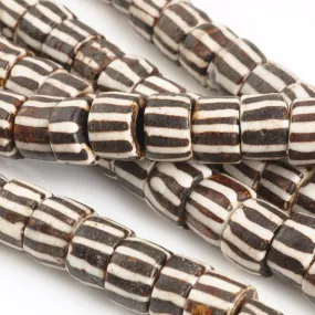 Carved-10mm Tube Bead-Brown With White Lines-Quantity 5 Loose Beads