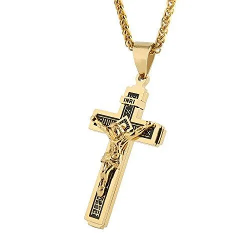 Catholic Jesus Christ on INRI Cross Crucifix stainless steel Pendant Necklace 24" Chain