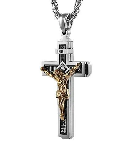 Catholic Jesus Christ on INRI Cross Crucifix stainless steel Pendant Necklace 24" Chain