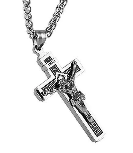 Catholic Jesus Christ on INRI Cross Crucifix stainless steel Pendant Necklace 24" Chain