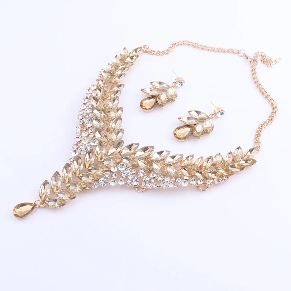 Champagne Crystal Necklace & Earrings Wedding Jewelry Set