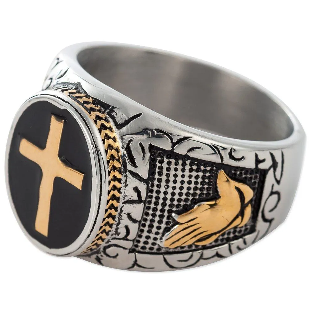 Christian Holy Cross Prayer Ring Stainless Steel Black Enamel Religious