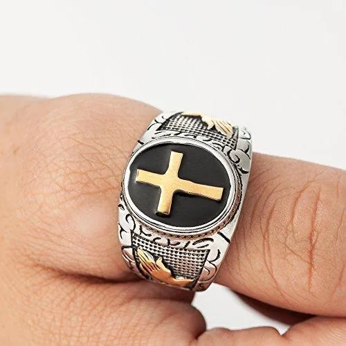 Christian Holy Cross Prayer Ring Stainless Steel Black Enamel Religious