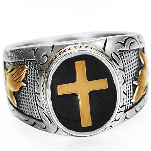 Christian Holy Cross Prayer Ring Stainless Steel Black Enamel Religious