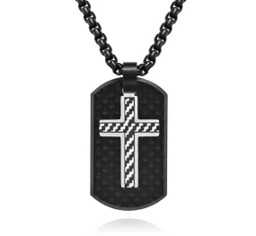 Cross Pendant Black Stainless Steel And Carbon Fiber Tag Necklace