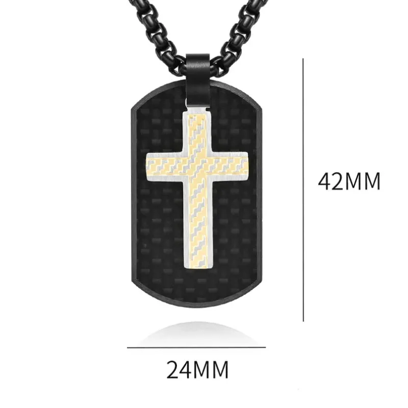 Cross Pendant Black Stainless Steel And Carbon Fiber Tag Necklace