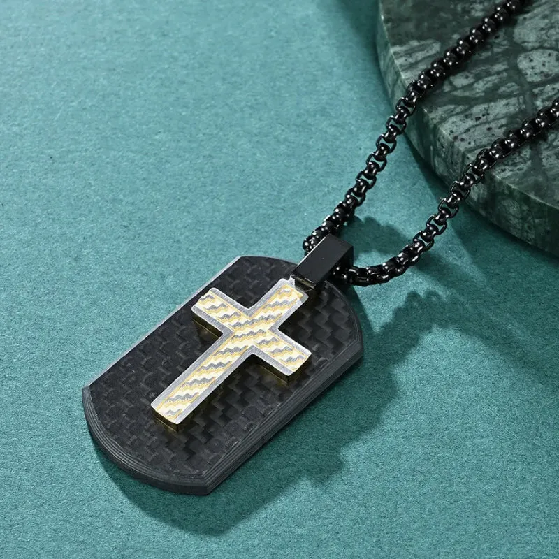 Cross Pendant Black Stainless Steel And Carbon Fiber Tag Necklace