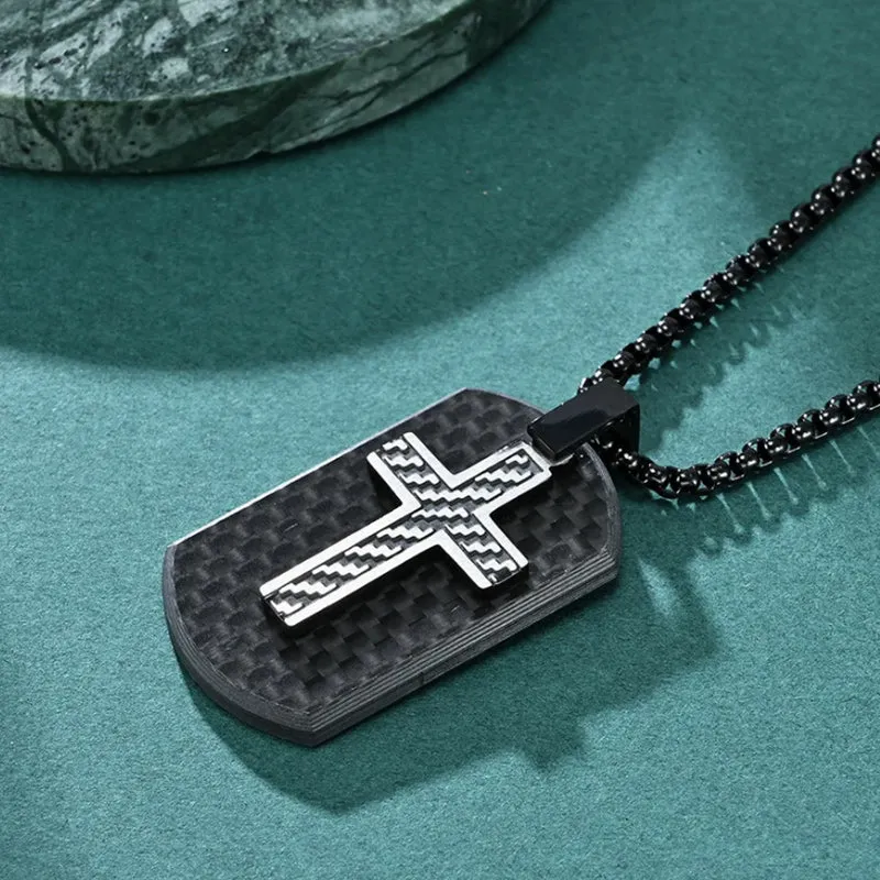 Cross Pendant Black Stainless Steel And Carbon Fiber Tag Necklace